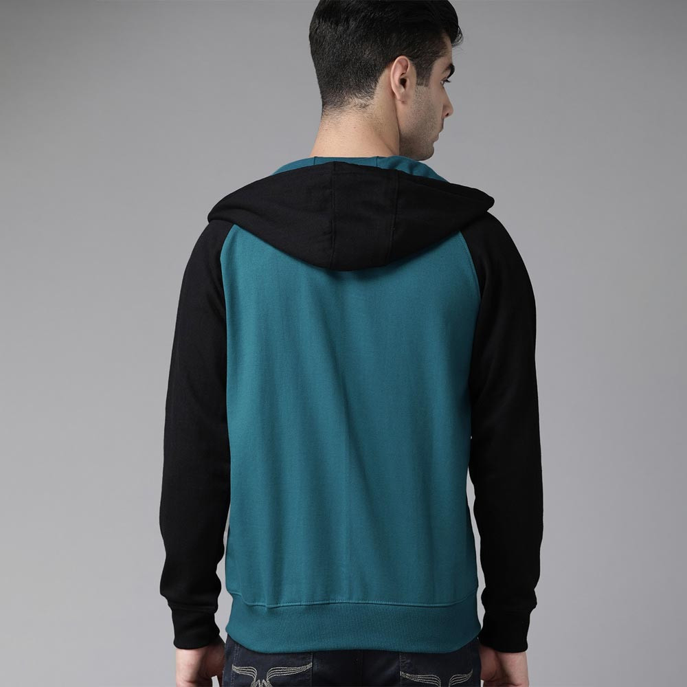 Men Teal Blue & Black Solid Hooded Sweatshirt