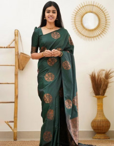Green & Bronze-Toned Woven Design Zari Pure Silk Banarasi Saree