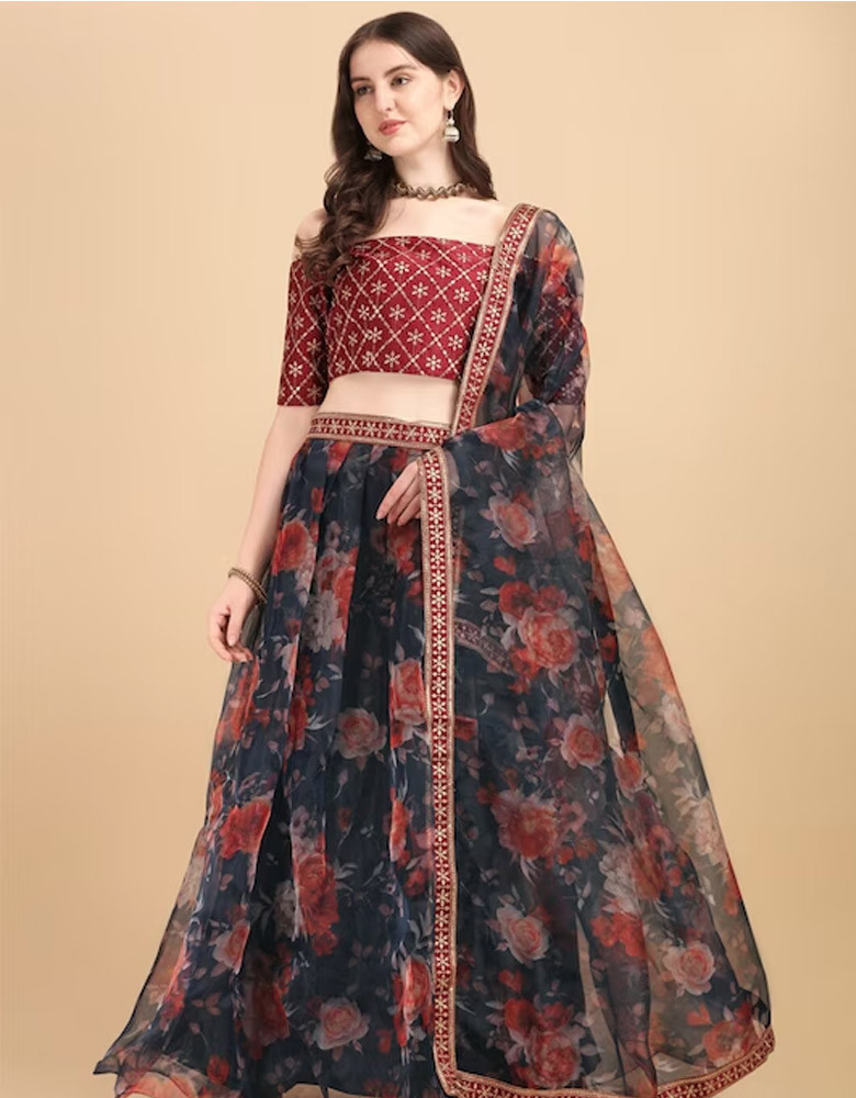 Blue & Brown Printed Semi-Stitched Lehenga & Unstitched Blouse With Dupatta