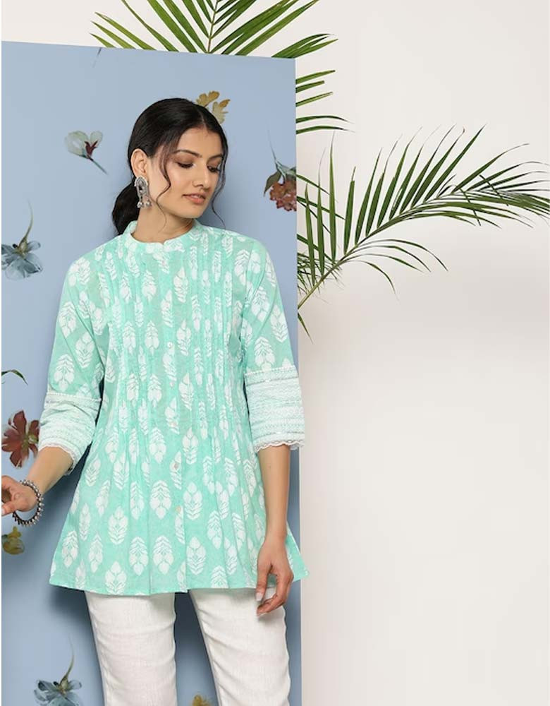 Ethnic Motifs Printed Pleated Detail A-Line Tunic with Lace Insert Detail