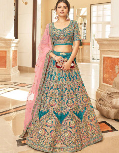Teal & Pink Embroidered Thread Work Semi-Stitched Lehenga & Unstitched Blouse With Dupatta