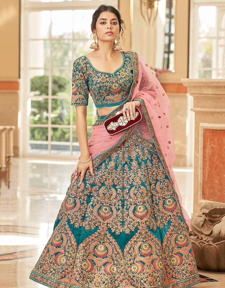 Teal & Pink Embroidered Thread Work Semi-Stitched Lehenga & Unstitched Blouse With Dupatta