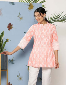 Ethnic Motifs Printed Pleated Detail A-Line Tunic with Lace Insert Detail