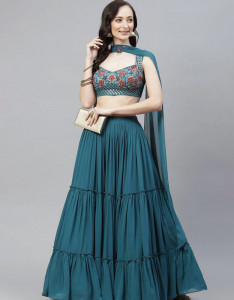 Women Teal & Red Semi-Stitched Lehenga & Unstitched Blouse With Dupatta