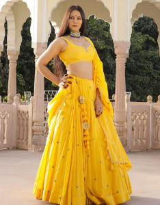 Yellow & Gold-Toned Embroidered Block Print Lehenga Choli With Dupatta