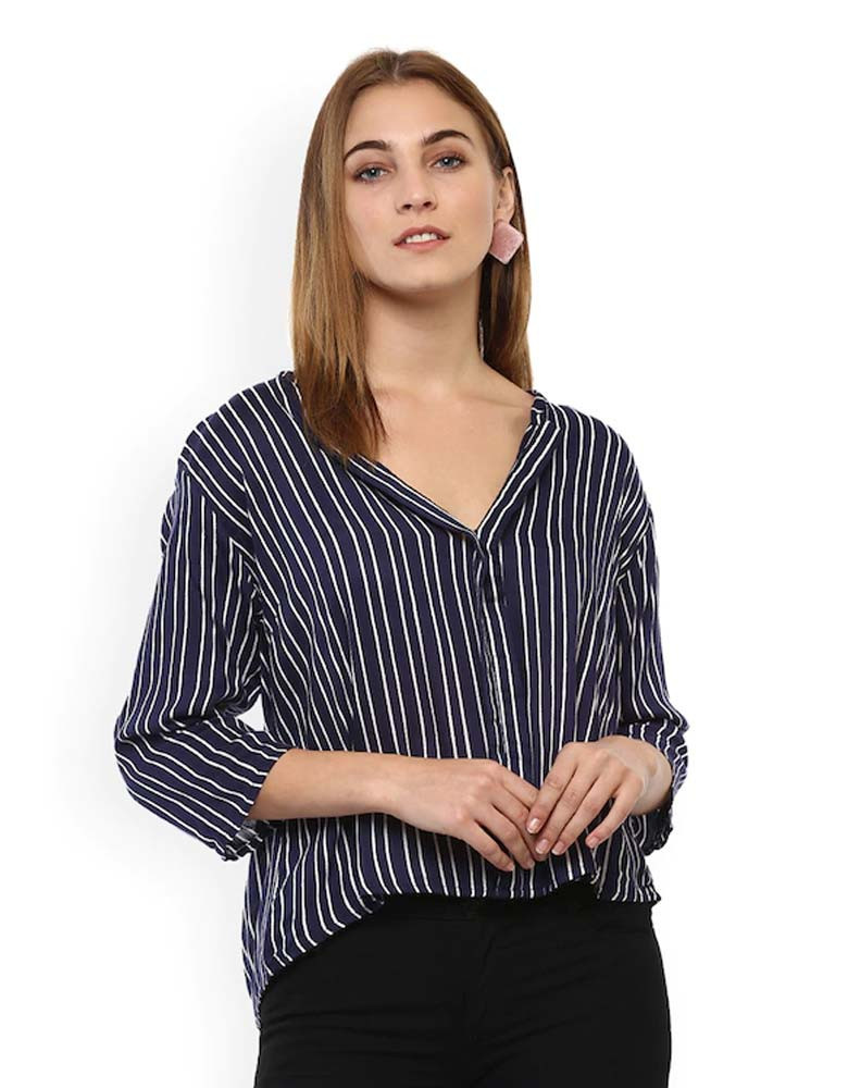 Navy Blue Striped A-Line Top