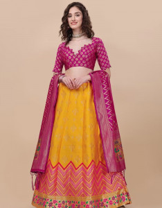Yellow & Pink Banarasi Silk Semi-Stitched Lehenga Choli