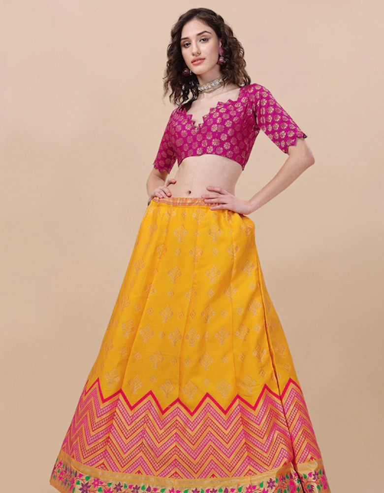 Yellow & Pink Banarasi Silk Semi-Stitched Lehenga Choli