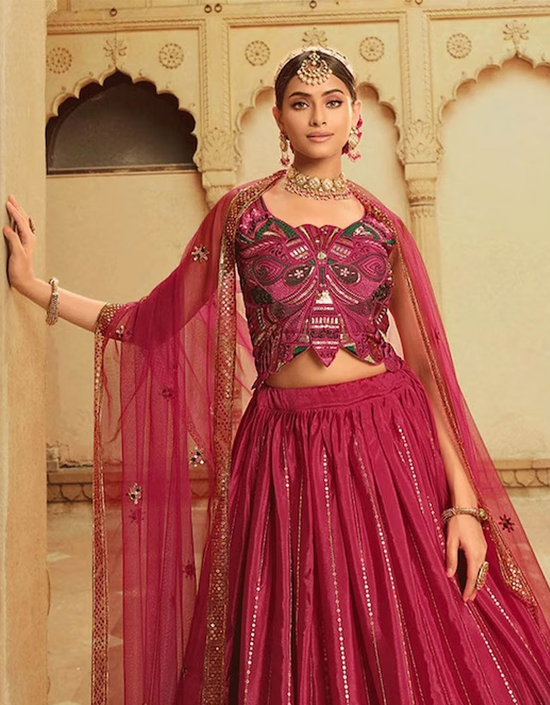 Magenta & Purple Embroidered Thread Work Semi-Stitched Lehenga & Unstitched Blouse With Dupatta