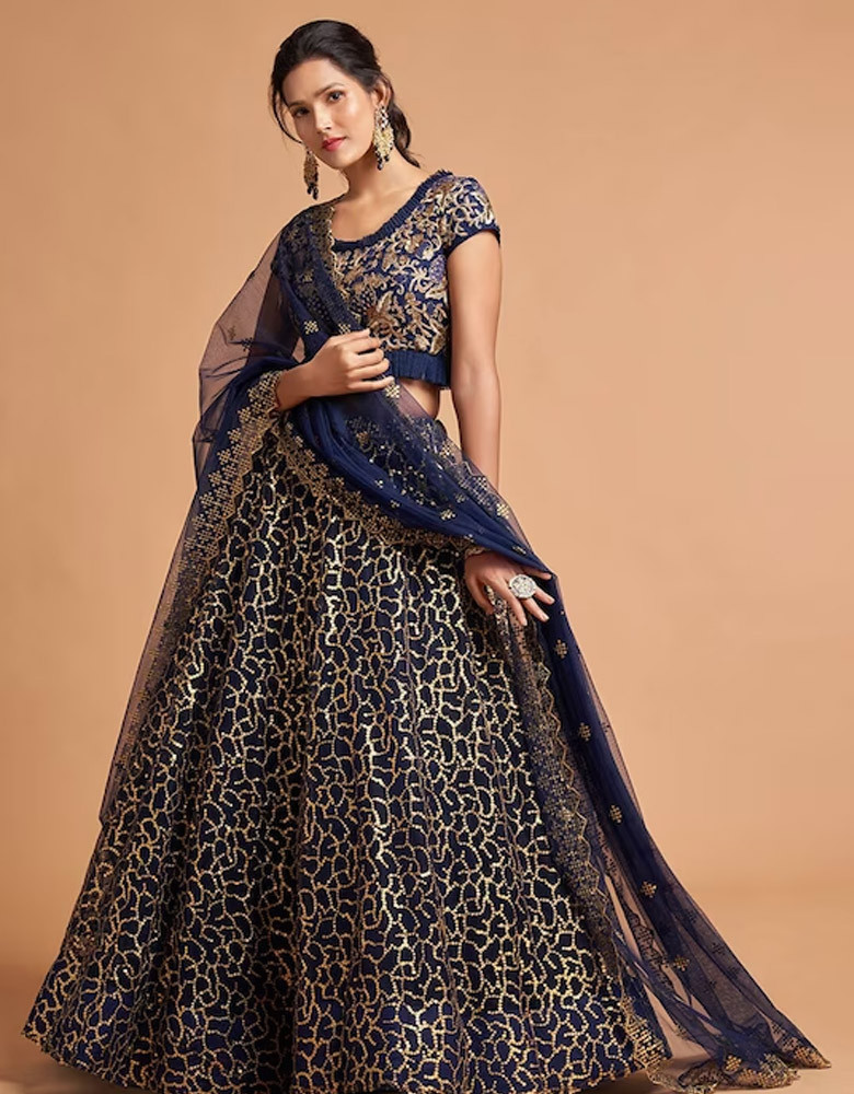 Navy Blue & Gold-Toned Embroidered Kalamkari Semi-Stitched Lehenga & Unstitched Blouse With Dupatta