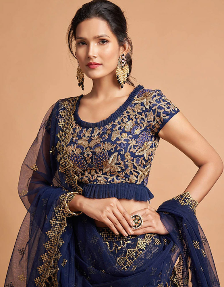 Navy Blue & Gold-Toned Embroidered Kalamkari Semi-Stitched Lehenga & Unstitched Blouse With Dupatta