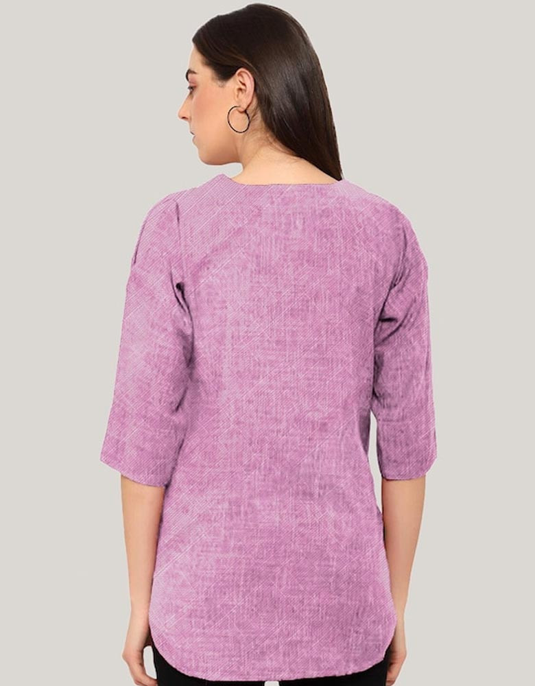 Women's Purple Solid Cotton Linen Tunic Round Neck Button Tops