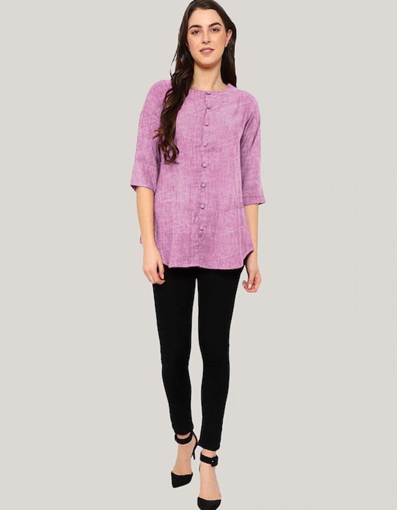 Women's Purple Solid Cotton Linen Tunic Round Neck Button Tops