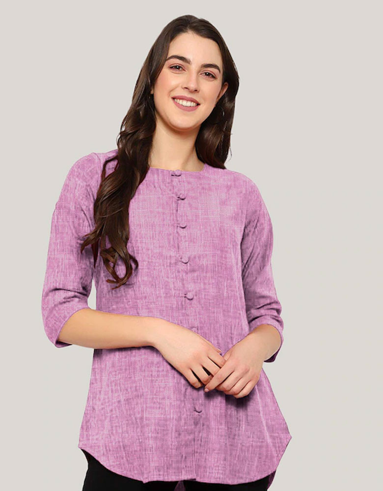Women's Purple Solid Cotton Linen Tunic Round Neck Button Tops
