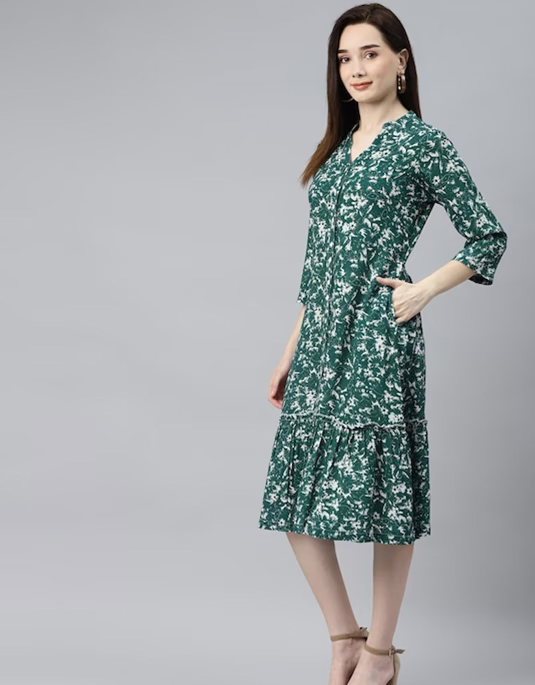 Green & White Floral A-Line Cotton Maxi Dress