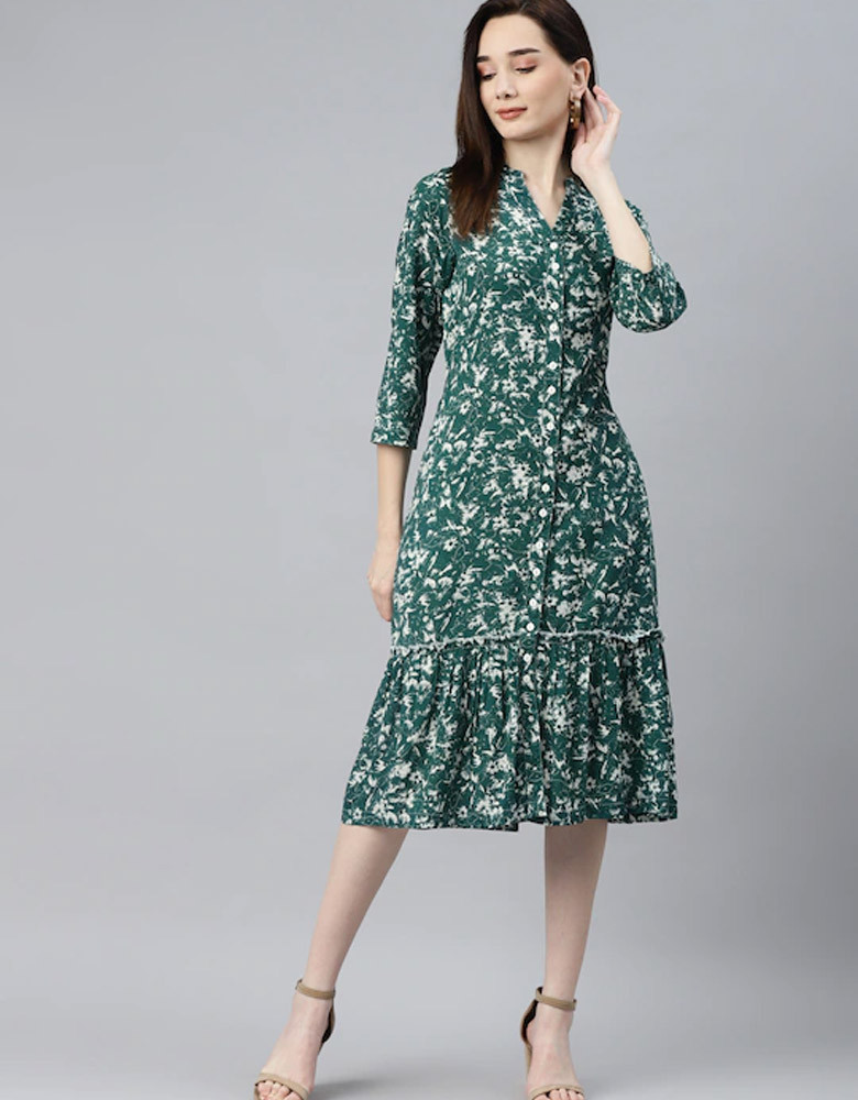 Green & White Floral A-Line Cotton Maxi Dress