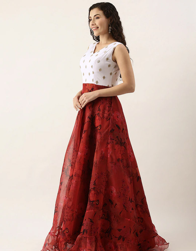 Women Red Floral Embroidered Maxi Dress