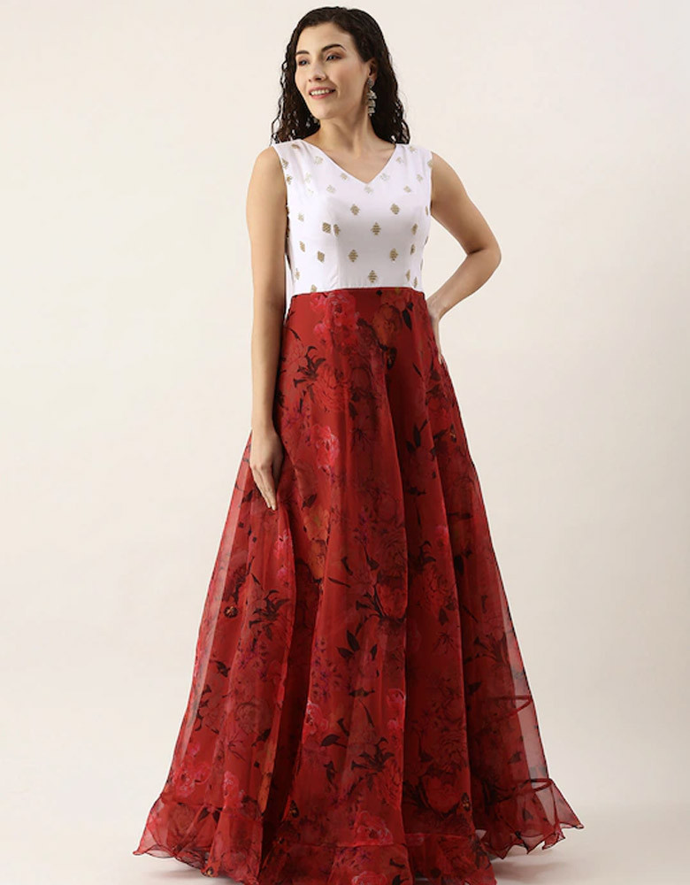 Women Red Floral Embroidered Maxi Dress