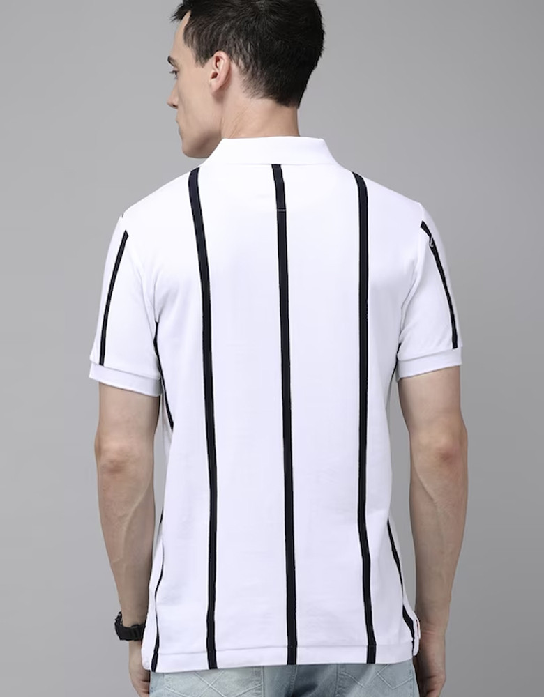 U S Polo Assn Men White & Black Striped Polo Collar Pure Cotton Slim Fit T-shirt