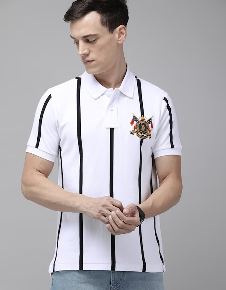 U S Polo Assn Men White & Black Striped Polo Collar Pure Cotton Slim Fit T-shirt