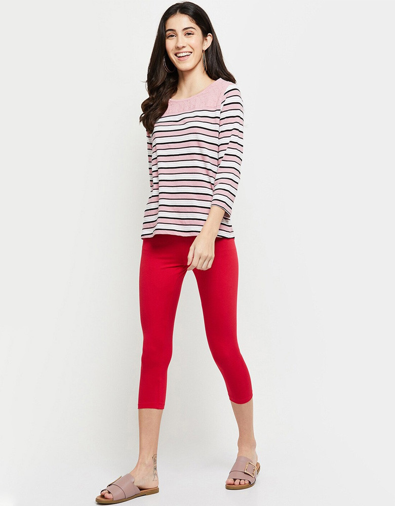 Women Fuchsia Red Solid Three-Quarter Length Leggings