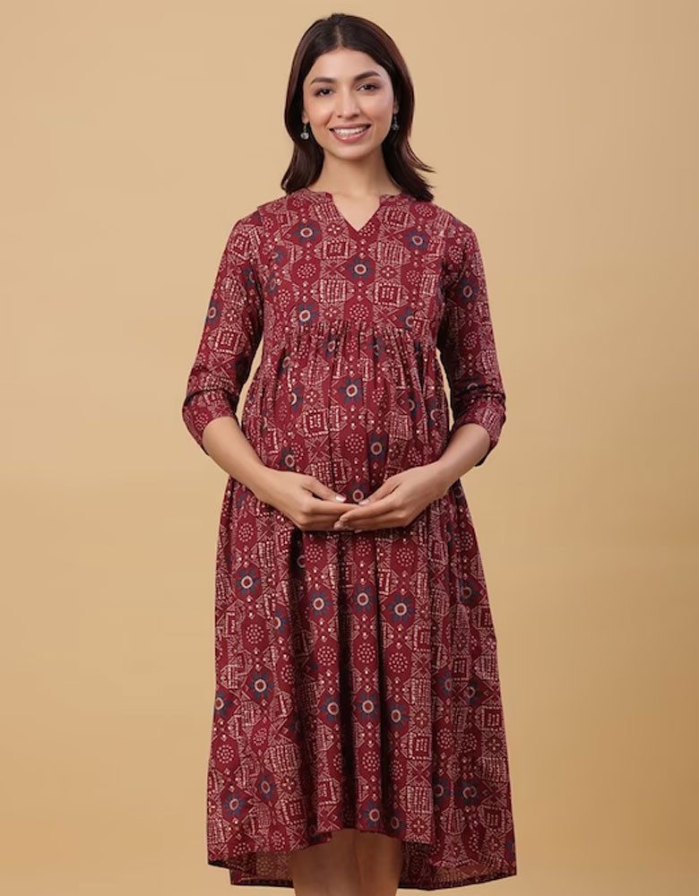 Maroon Floral Maternity Empire Midi Dress