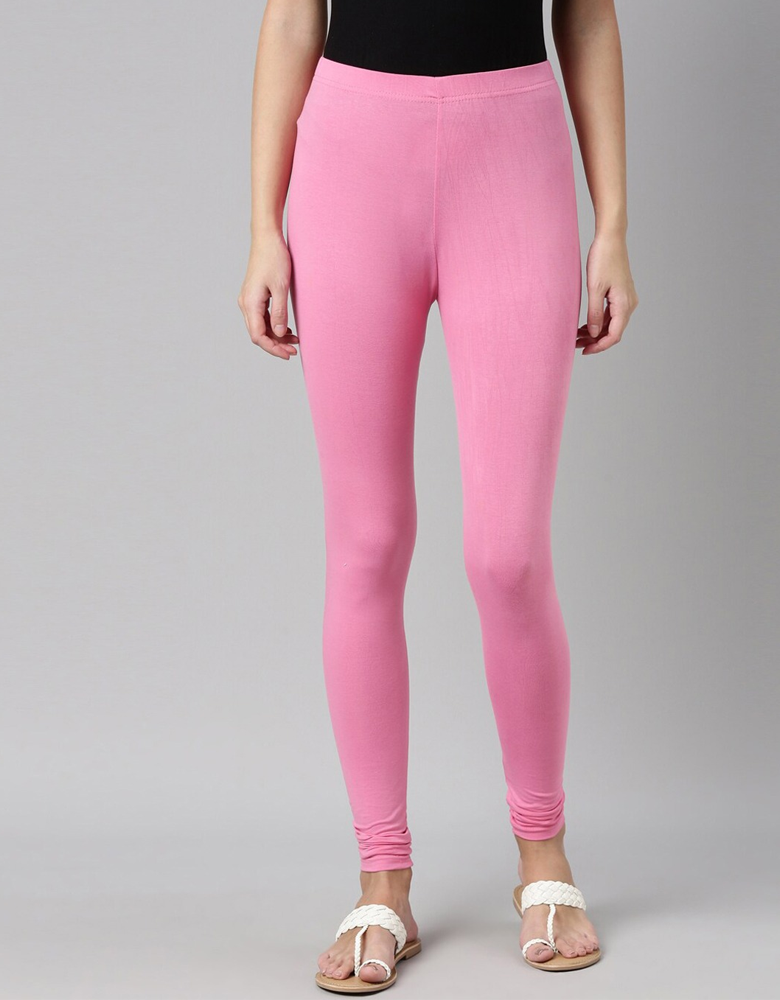 Women Pink Solid Slim-Fit Churidar-Length Leggings