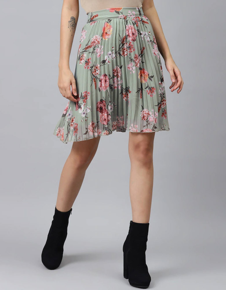 Green & Pink Floral Print Accordion Pleated A-Line Skirt