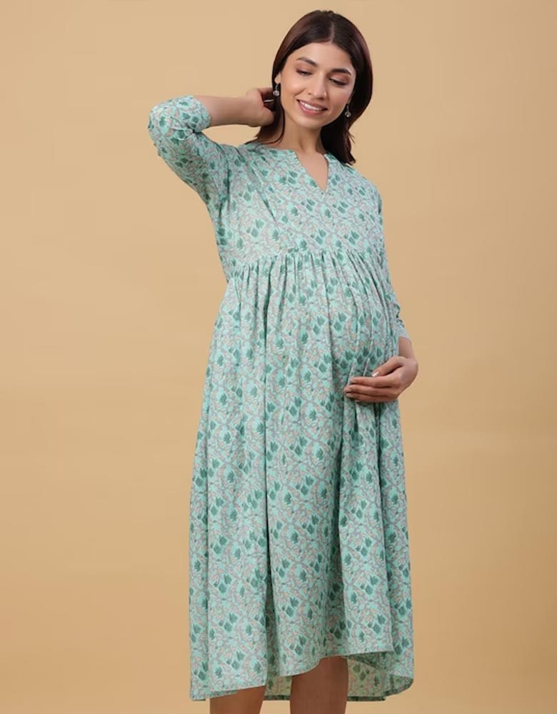 Sea Green Floral Maternity Empire Midi Dress