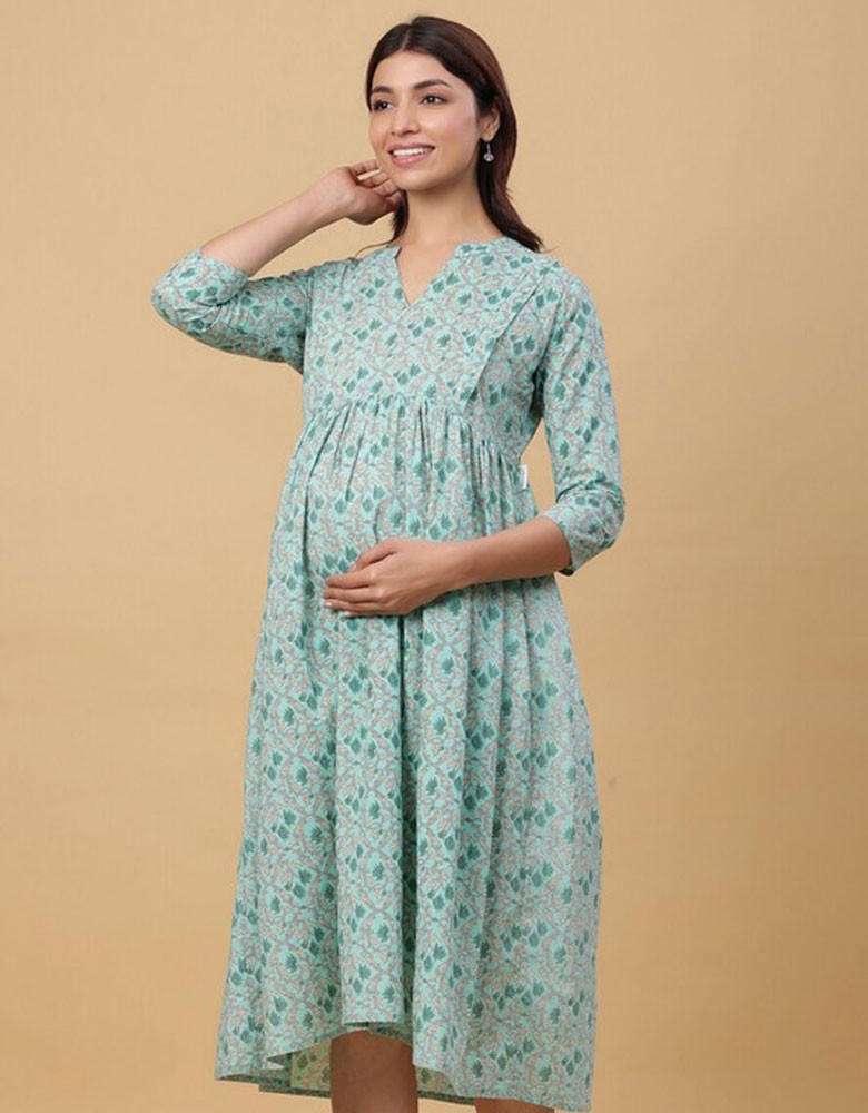 Sea Green Floral Maternity Empire Midi Dress