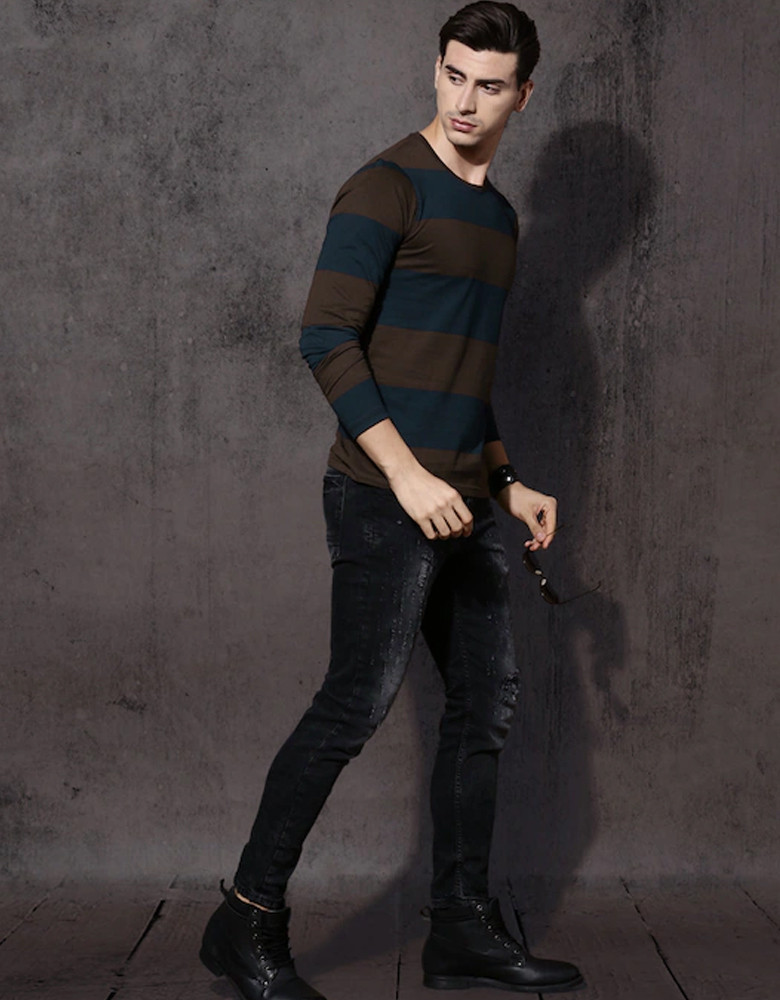 Men Brown Striped Round Neck Pure Cotton T-shirt