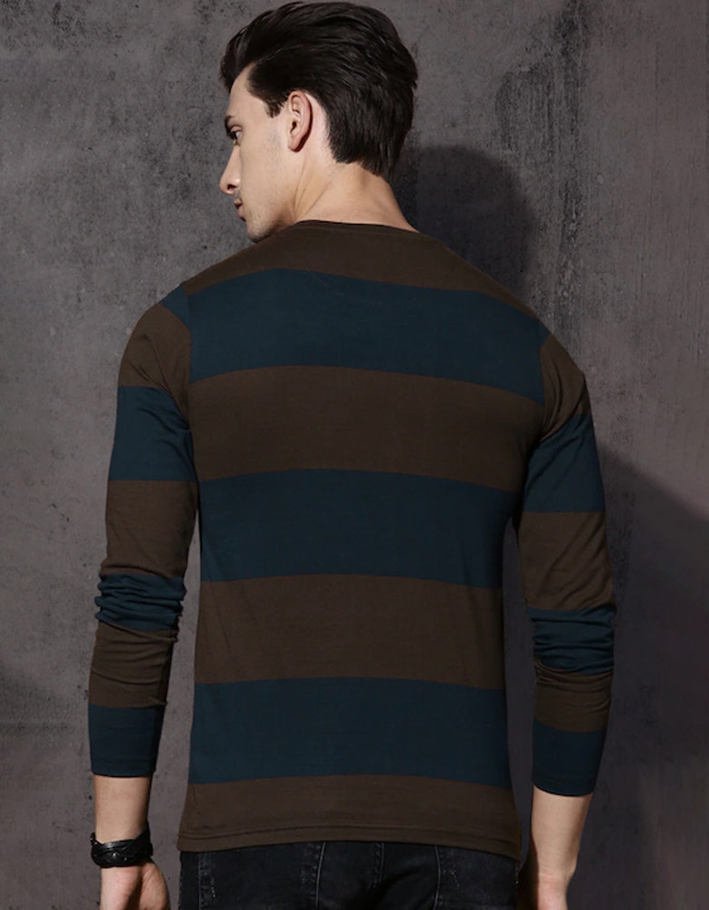 Men Brown Striped Round Neck Pure Cotton T-shirt