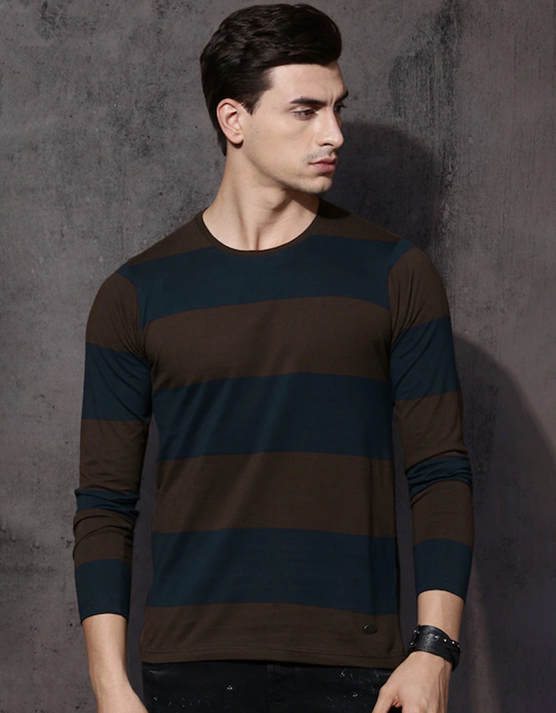 Men Brown Striped Round Neck Pure Cotton T-shirt