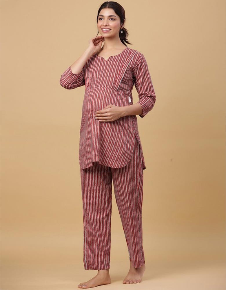 Women Maroon Printed Pure Cotton Kurti with Trousers