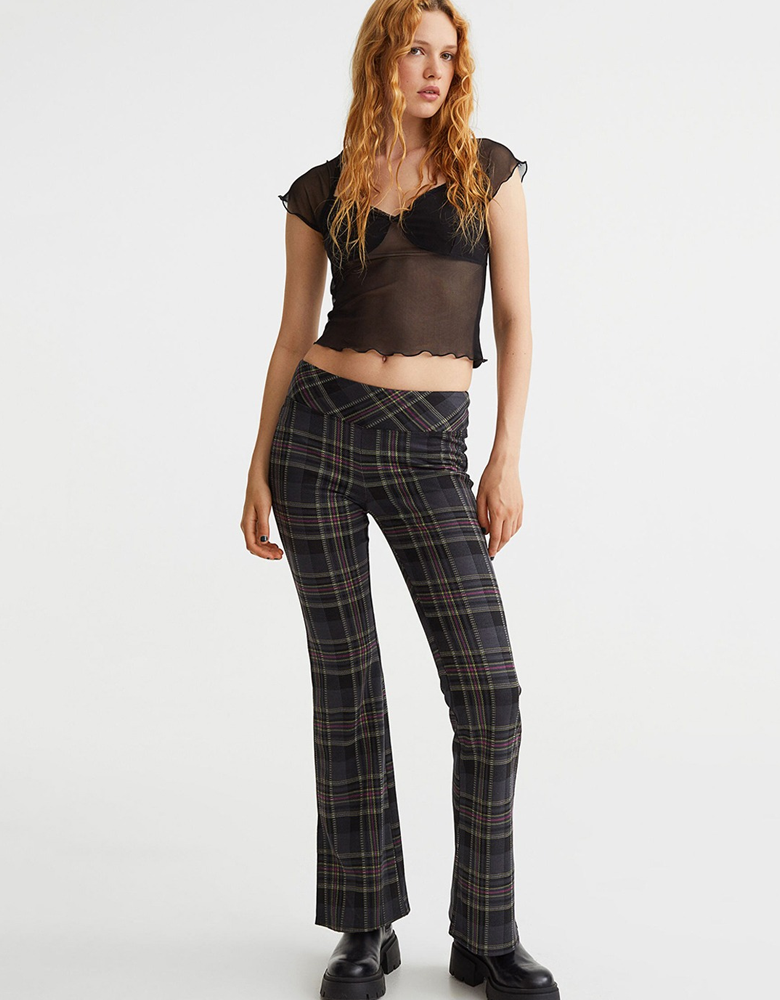 Women Grey Checked Flared Leggings