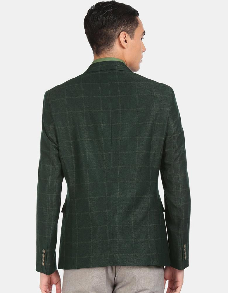 Men Green Checked Single Breasted Blazer