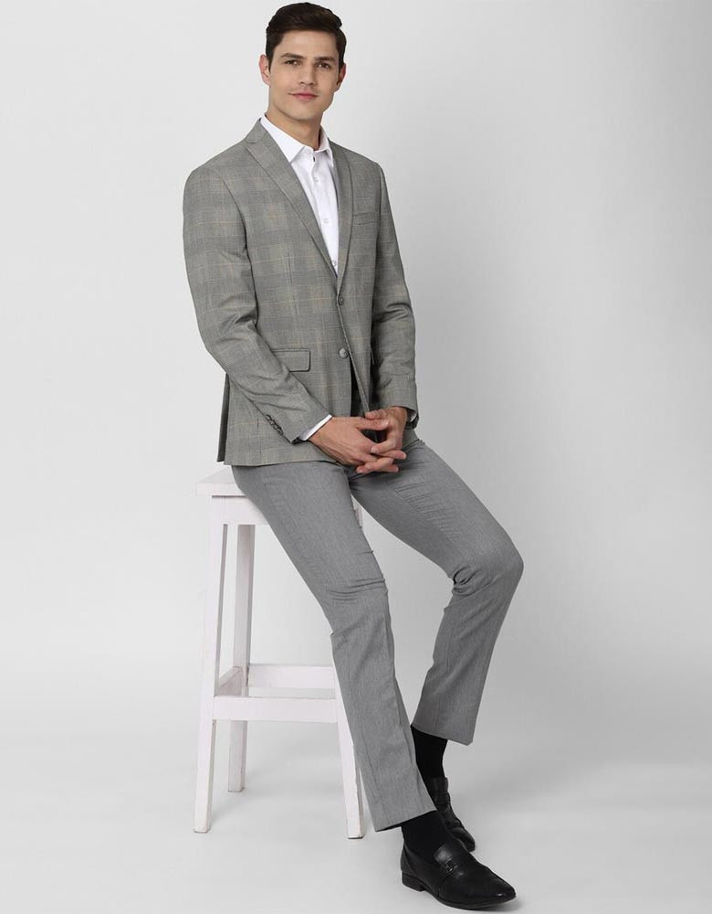 Men Grey Checked Slim-Fit Single Breasted Blazer