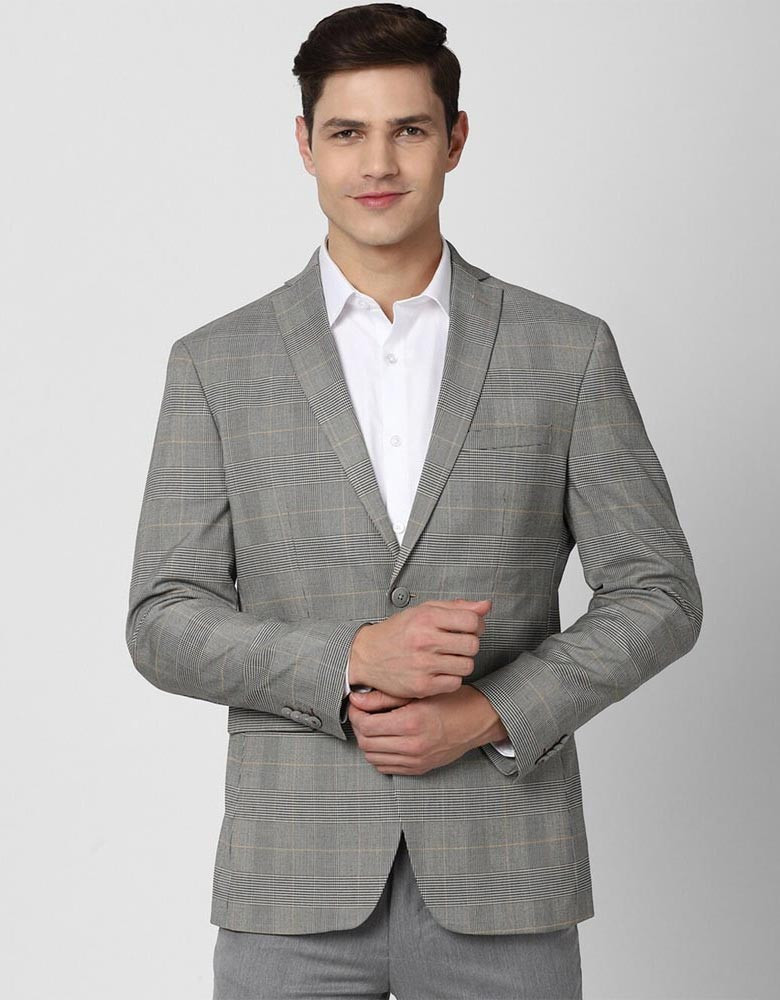 Men Grey Checked Slim-Fit Single Breasted Blazer