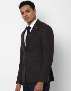 Men Brown & Navy Blue Checked Slim-Fit Formal Blazer