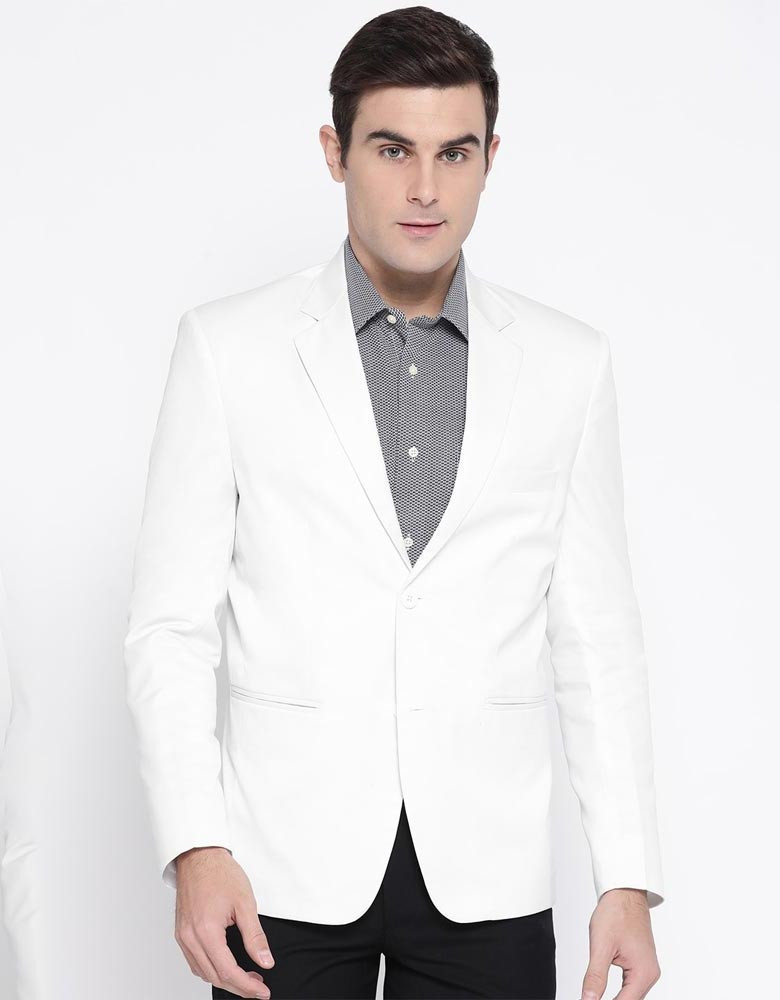 Men White Solid Twill Slim Fit Single-Breasted Formal Blazer