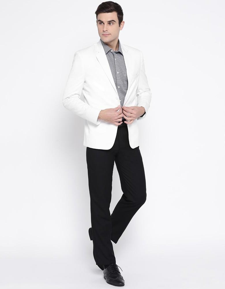 Men White Solid Twill Slim Fit Single-Breasted Formal Blazer