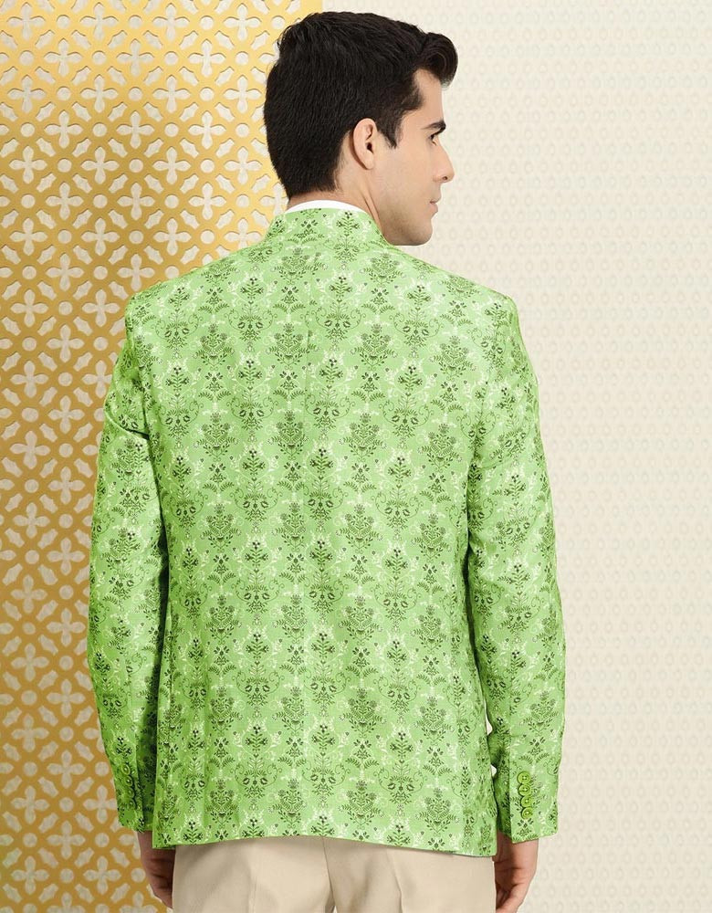 Men Lime Green Ethnic Motifs Printed Linen Bandhgala Ethnic Blazer