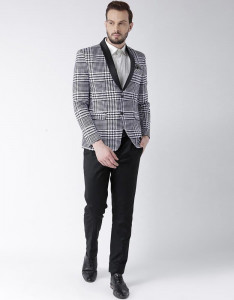 Men Black & White Checked Regualar Fit Single Breasted Formal Blazer