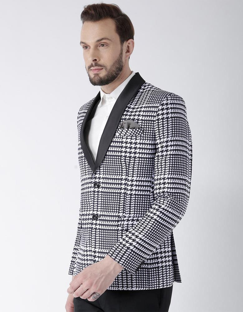 Men Black & White Checked Regualar Fit Single Breasted Formal Blazer