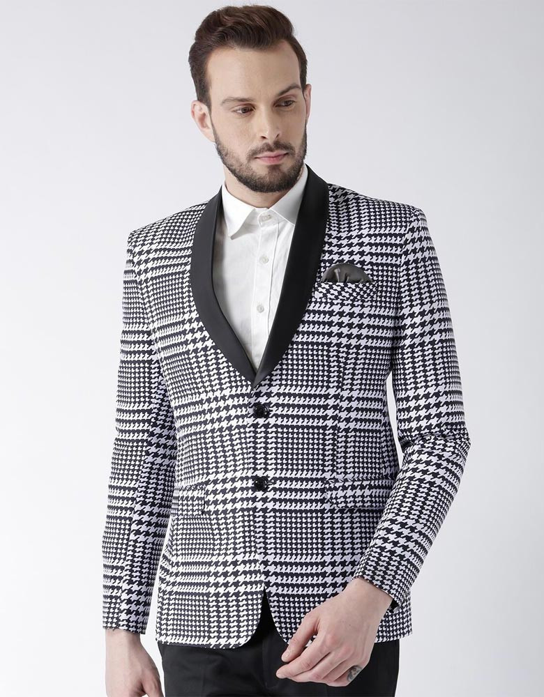 Men Black & White Checked Regualar Fit Single Breasted Formal Blazer