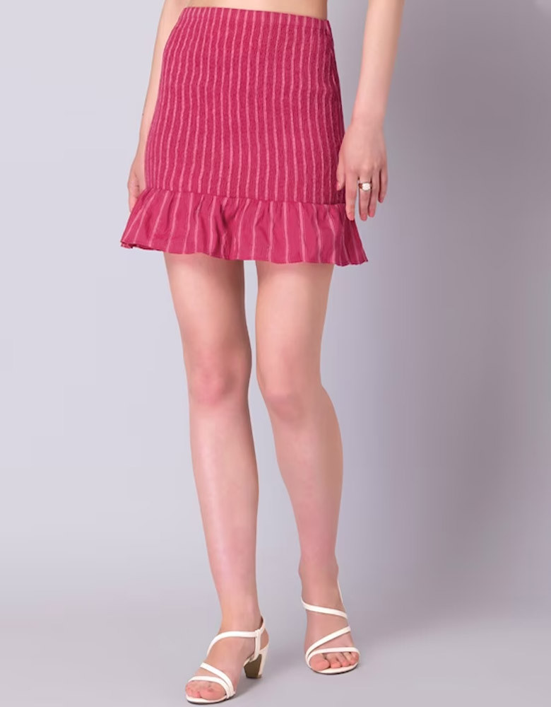 Women Pink Striped Ruffled Smocked Pure Cotton Mini Skirt