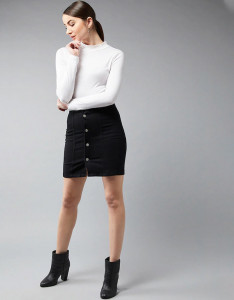 Black Over The Knee Denim Stretchable Pencil Mini Skirt