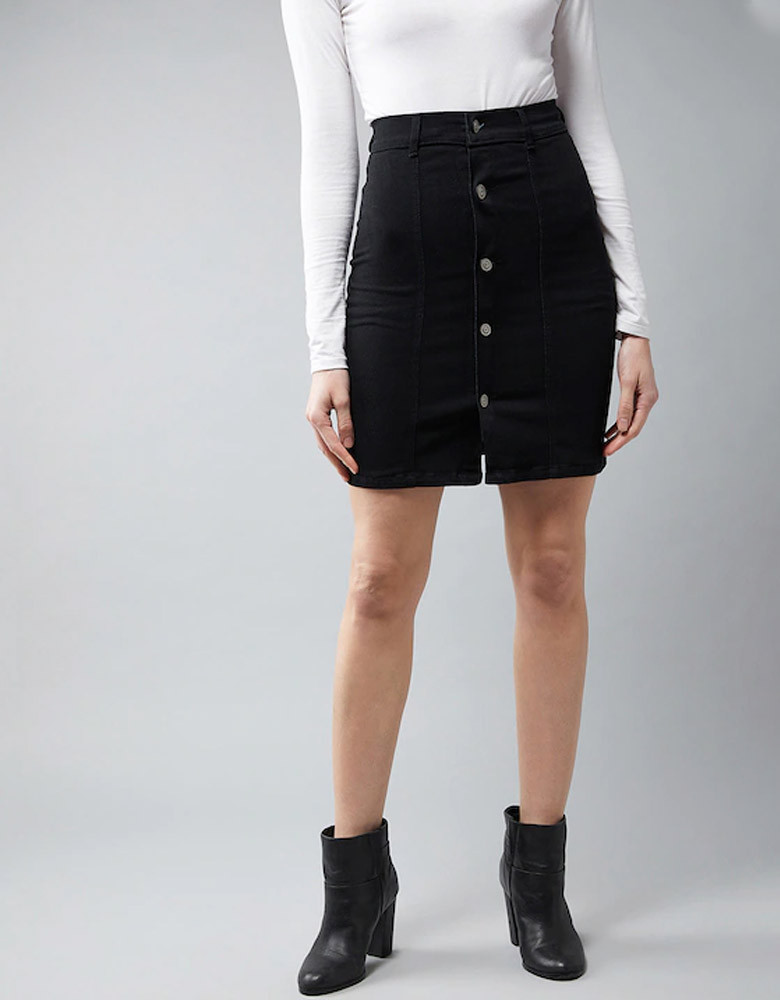 Black Over The Knee Denim Stretchable Pencil Mini Skirt