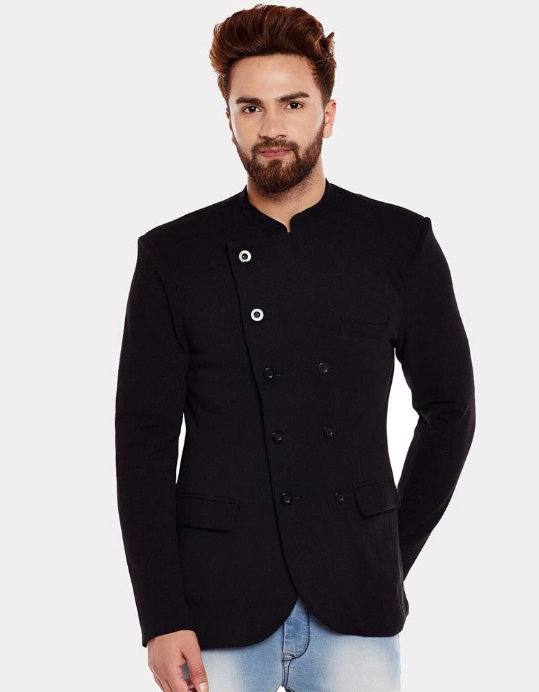 Men Black Solid Cotton Slim-Fit Double-Breasted Bandhgala Blazer