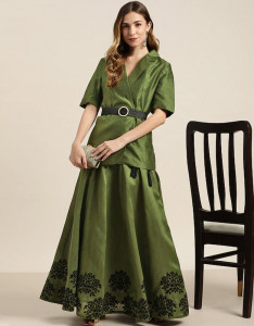Green & Black Border Printed Anarkali Skirt
